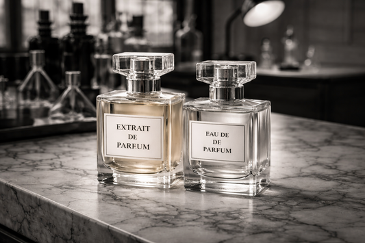 extrait vs eau de parfum comparison black and white bottles on marble atelier surface