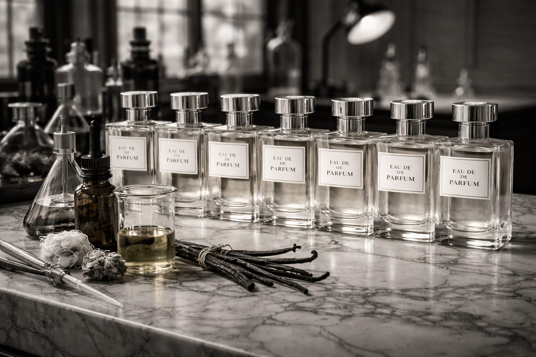 designer perfume bottles in black and white atelier setting illustrating 20 percent concentration benchmark