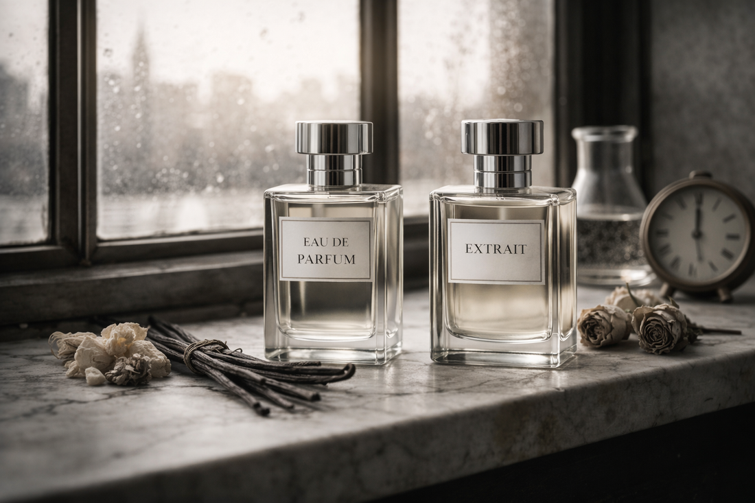 perfume longevity comparison showing eau de parfum and extrait bottles in atelier setting