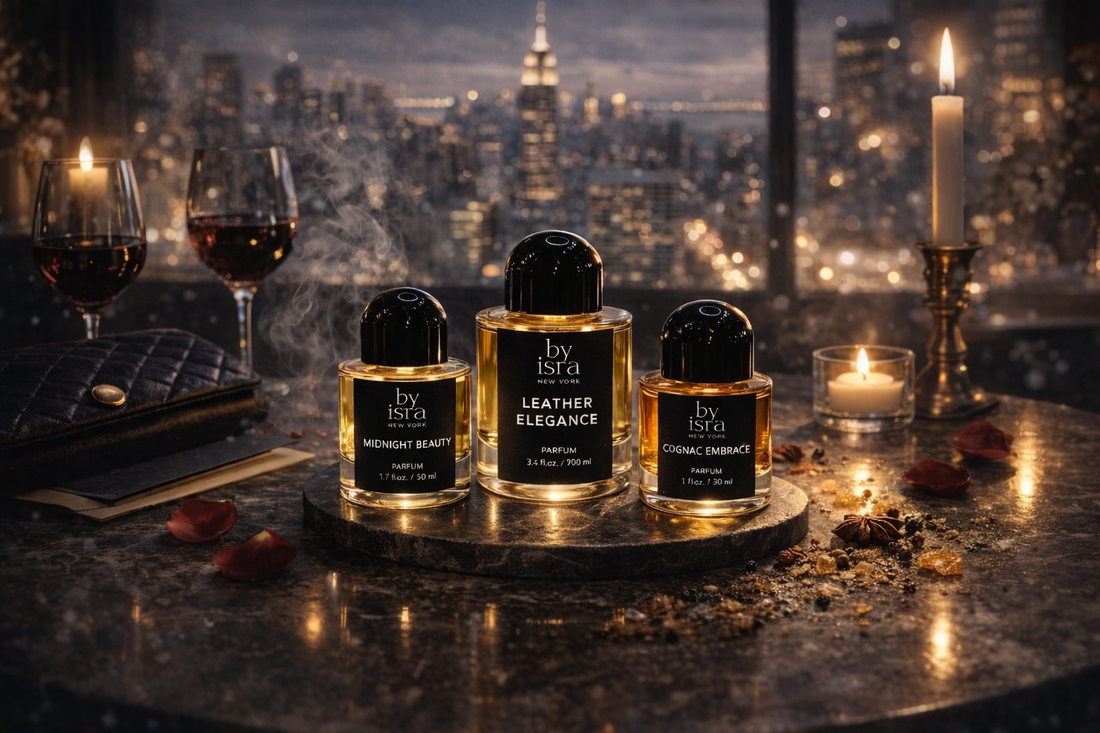 date night fragrance setting with structured warm perfumes in New York evening environment